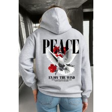 Bellanova Unisex Kapüşonlu Kanguru Cepli Güvercin ve Gül Baskılı Peace Hoodie