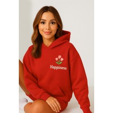Bellanova Kadın Kapüşonlu Kanguru Cepli Oversize Sweatshirt Ön Happıness Çiçek Baskılı Rahat Günlük