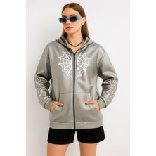 Bellanova Kadın Fermuarlı Kapüşonlu Hoodie – Örümcek Ağı ve Kalp Desenli Sweatshirt