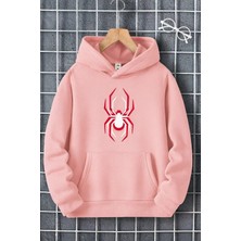 Bellanova Unisex Kanguru Cepli 3 Iplik Hoodie Kapüşonlu Modern Örümcek Baskı Beyaz ve Kırmızı Detaylı