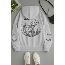 Bellanova Kadın Kapüşonlu Kanguru Cepli Oversize Sweatshirt Arka Ay Mantar Çiçek Baskılı Rahat Günlük