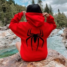 Bellanova Unisex 3 Iplik Kapüşonlu Kanguru Cepli Sweatshirt Sırt Büyük Kırmızı Örümcek Baskılı