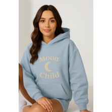 Bellanova Kadın Kapüşonlu Kanguru Cepli Oversize Sweatshirt Ön Moon Chıld Ay Baskılı Rahat Günlük Stil