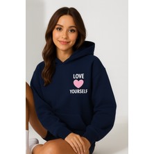 Bellanova Kadın Kapüşonlu Kanguru Cepli Oversize Sweatshirt Ön Love Yourself Yazılı Rahat Günlük