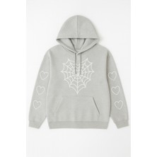 Bellanova Kadın Kapüşonlu Sweatshirt – Önü Örümcek Ağı Desenli, Kollarda Kalp Baskılı Hoodie