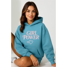 Bellanova Kadın Kapüşonlu Kanguru Cepli Oversize Sweatshirt Ön Gırl Power Yazılı Rahat Günlük Stil