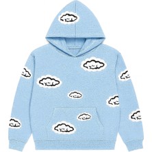 Bellanova Unisex Kapüşonlu Sweatshirt 3 Iplik Kanguru Cepli Rahat Kesim Bulut Desenli Baskılı Hoodie