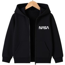 Bellanova Nasa Baskılı Kapüşonlu Sweatshirt - Fermuarlı - Kanguru Cepli - 3 Iplik Şardonlu Rahat Ceket