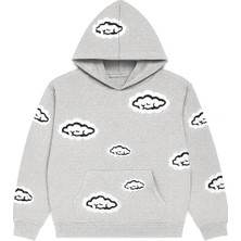 Bellanova Unisex Kapüşonlu Sweatshirt 3 Iplik Kanguru Cepli Rahat Kesim Bulut Desenli Baskılı Hoodie