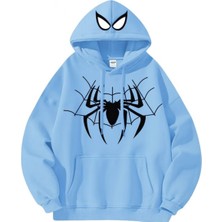Bellanova Unisex 3 Iplik Kapüşonlu Kanguru Cepli Sweatshirt Örümcek Desenli Baskılı Rahat Günlük Stil