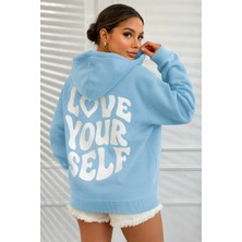 Bellanova Kadın Oversize Kapüşonlu Sweatshirt Love Yourself Yazılı Arka Baskı Üç Iplik Kanguru Cepli
