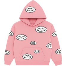 Bellanova Unisex Kapüşonlu Sweatshirt 3 Iplik Kanguru Cepli Rahat Kesim Bulut Desenli Baskılı Hoodie