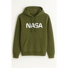 Bellanova Nasa Baskılı Beyaz Kapüşonlu Sweatshirt - Kanguru Cepli - 3 Iplik Şardonlu Unisex Rahat Hoodie