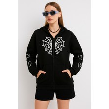 Bellanova Kadın Fermuarlı Kapüşonlu Hoodie – Örümcek Ağı ve Kalp Desenli Sweatshirt
