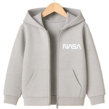 Bellanova Nasa Baskılı Kapüşonlu Sweatshirt - Fermuarlı - Kanguru Cepli - 3 Iplik Şardonlu Rahat Ceket