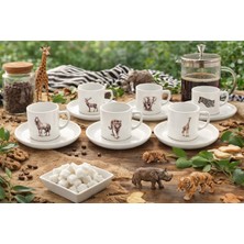 Miras Home Karışık Hayvan Baskılı 6 Kişilik Porselen Kahve Seti, Mix Hayvan Görselli Kahve Fincanı