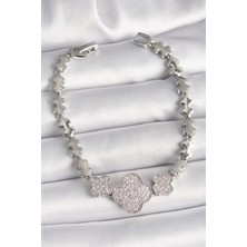 Clariss Pirinç Gümüş Renk Zirkon Taşlı Yonca Model Zincir Model Kadın Bileklik