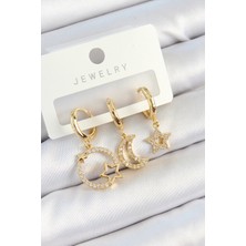 Zemira Home Pirinç Zirkon Taşlı Yıldız ve Ay Model Gold Renk 3'lü Kadın Küpe Set