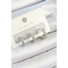 Zemira Home Pirinç Zirkon Taşlı Halka Model Gümüş Renk 3'lü Çift Kadın Küpe Set