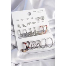 Clariss Pirinç Gümüş Renk Zirkon Taş Detaylı 12 Çift Kadın Küpe