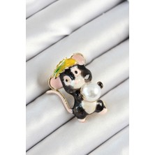 Clariss Inci Detaylı Siyah ve Pembe 3D Sevimli Fare Figürlü Gold Renk Kadın Broş