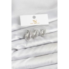 Clariss Pirinç Gümüş Renk Zirkon Taşlı Halka Model Ysx Trio Küpe Seti