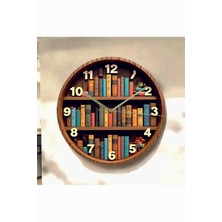 AA Shop Kitap Raf Kütüphane Renkli Baskı Desenli Sayılı Hediyelik Ahşap Sessiz Tablo Duvar Saati 636