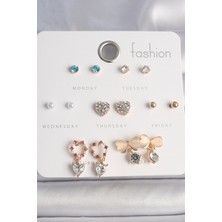 Zemira Home Pirinç Gold Renk Zirkon Taşlı Kalp Beyaz Mineli Fiyonk Figür 7 Çift Kadın Küpe Seti