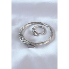 Clariss Çelik Gümüş Renk Burgu Model Erkek Bileklik Yüzük Seti