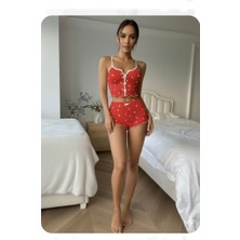 Trend Dokunuş Sevgililer Gününe Özel Kadın Kırmızı Kalp Desenli Romantik Gecelik Şortlu Takım