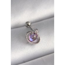 Clariss 316L Çelik Gümüş Renk Mor Mineli Kalp Zirkon Taş Detay Tragus Piercing