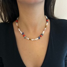 Suerte Accessories Kırmızı Mercan Sedef Sodalit ve Hematit Doğal Taş El Yapımı Özel Tasarım Kadın Doğaltaş Kolye