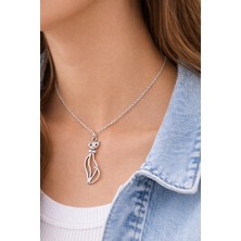 Herşey Nota Zarif Kedi Figürlü Gümüş Renk Metal Tasarım Unisex Günlük Kolye