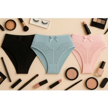 Mavi Qumsal Ön V Dantelli Arka Delikli Ribana Bikini 3'lü Set