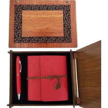 Pilelistore Ahşap Kutulu Kırmızı Deri Defter ve Metal Kalem Set