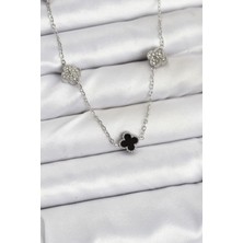 Zemira Home 316L Çelik Zincir Gümüş Renk Siyah ve Zirkon Taşlı Baby Boy Yonca Kadın Kolye