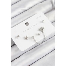 Zemira Home Pirinç Zirkon Taşlı Yıldız ve Gezegen Model Gümüş Renk 925 Ayar Gümüş Çivi Kadın Küpe Set