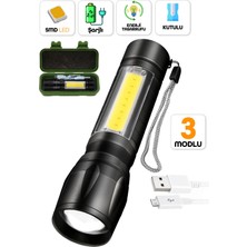 Telvesse 3 Mod Metal Şarjlı El Feneri Zoomlu Mini Boy Type-C Kutulu Cob LED Lamba Acil Durum Işığı 47701