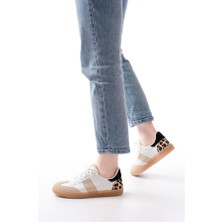 Sibel Gürel M-6006 Beyaz Garni Leopar Desenli Bağcıklı Termo Taban Günlük Kadın Spor