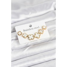 Zemira Home 316L Çelik Gold Beyaz Renk 3 Boy Yonca Küpe Seti