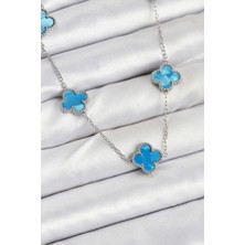 Zemira Home 316L Çelik Zincir Gümüş Buz Mavisi Renk Yonca Kadın Kolye