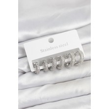 Zemira Home 316L Çelik Gümüş Renk Zirkon Taşlı Halka Küpe Seti