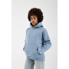 Sparrow Unisex Oversize Pamuklu Kanguru Cepli 3 Iplik Basic Kapüşonlu Sweatshirt Mavi - L
