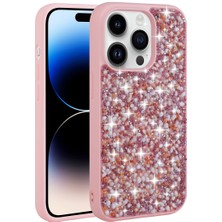 iPhone 14 Pro Uyumlu Parlak Taşlı Tasarım Stsr Linea Kapak-Pembe