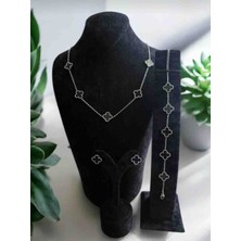 Güneş Takı Silver Siyah Yapraklı Yonca Çelik Taki Seti