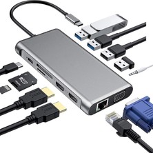 Flagen 12 In 1 Çevirici Hub Gigabit Ethernet Çift HDMI Girişi VGA Audio Sd/tf Kart 4 USB Portlu  Macbook Dönüştürücü Pd Şarj Destekli