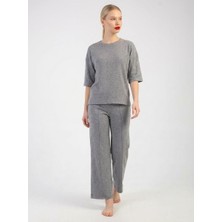 Cotonhause Kadın Büyük Beden Yumuşak Dokulu Jakarlı Kısa Kol Gri Pijama Takımı COT621123
