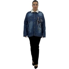La Velina Büyük Beden Içi Yünlü Düğmeli Incili Taş Detaylı Cepli Denim Kadın Mont Türk Malı