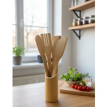 Vesta Concept Doğal Bambu Standlı 4 Parça Mutfak Gereçleri Seti - Dayanıklı Spatula Kaşık Seti