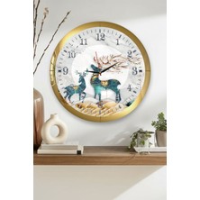 Zevahir Mobilya Dekorasyon Gold Çerçeveli Ceylan Temalı Yuvarlak Mdf Duvar Saati